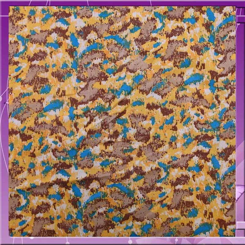 100% Rayon Challis Abstract Yellow, Maroon, Blue, And White Color Print 54 Inches Wide Fabric