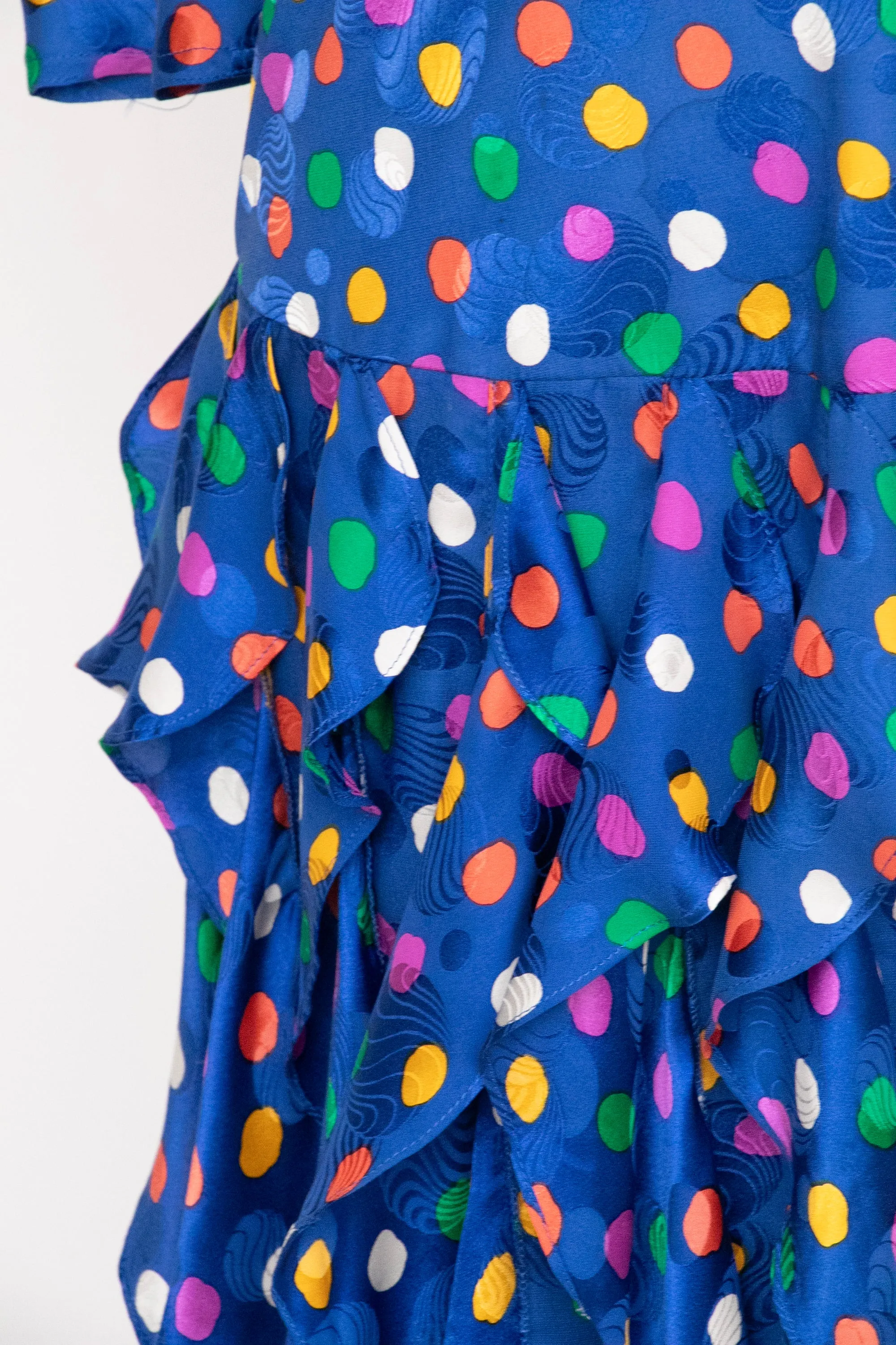 1980s Dress Silk Ruffle Polka Dot Print XS P