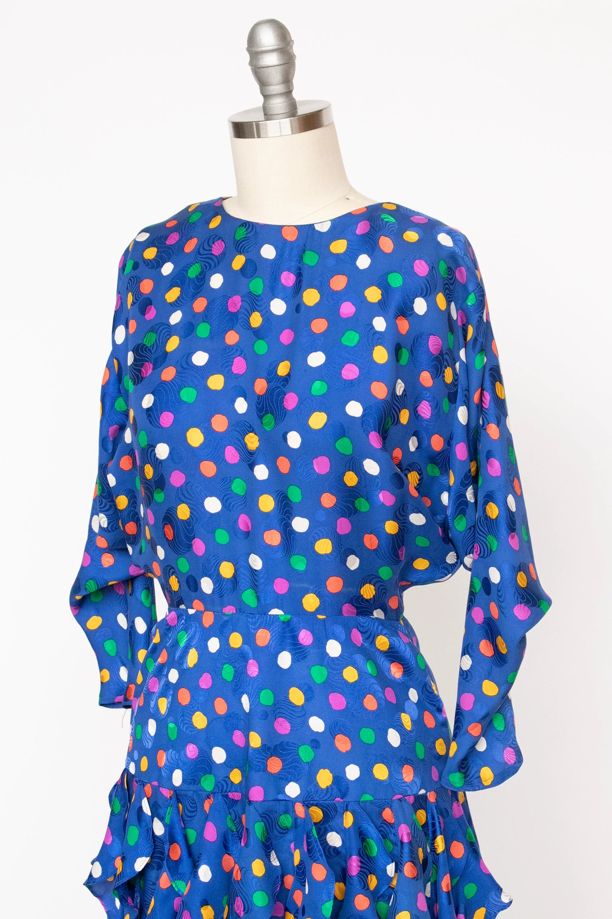 1980s Dress Silk Ruffle Polka Dot Print XS P