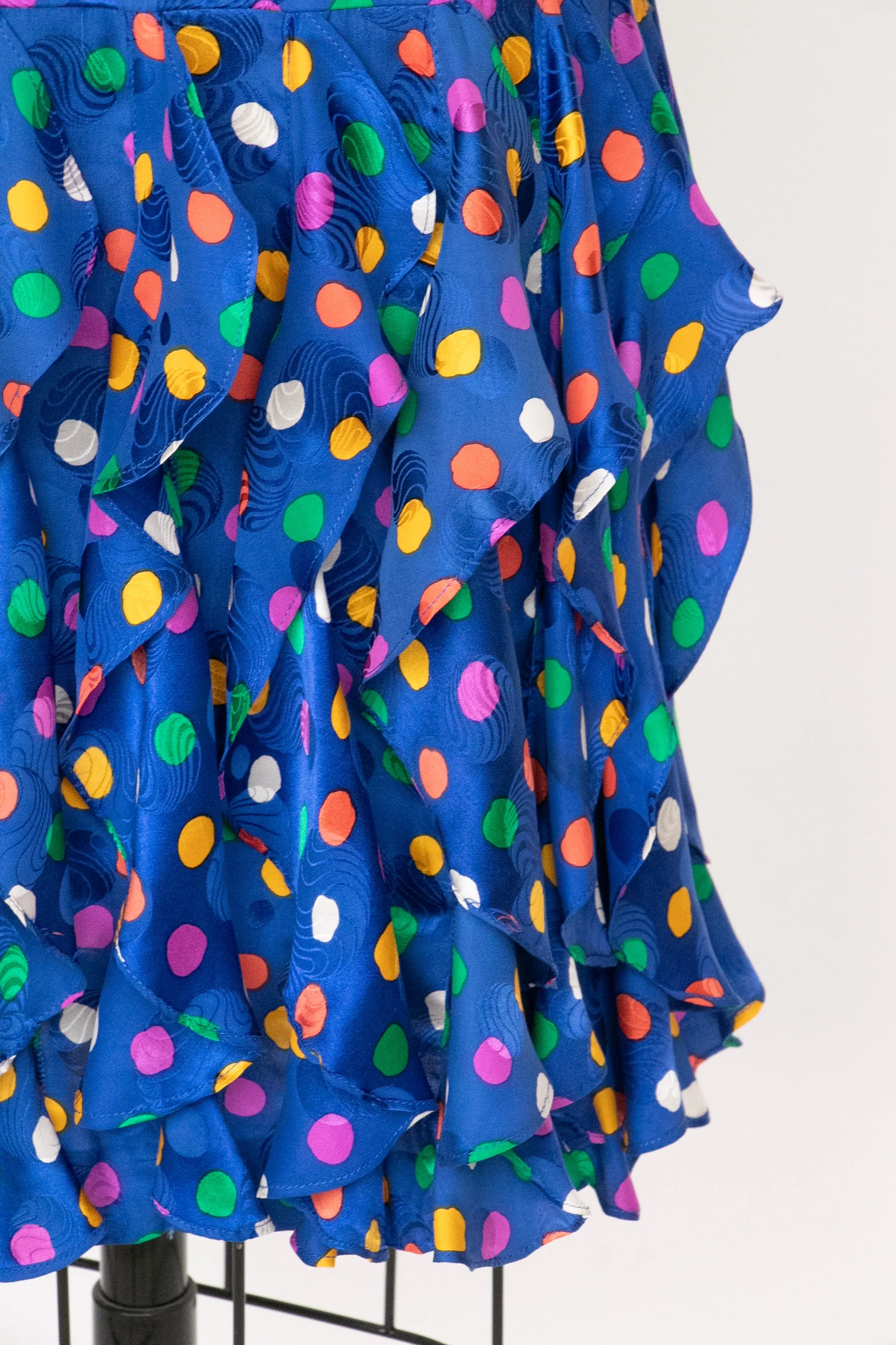 1980s Dress Silk Ruffle Polka Dot Print XS P