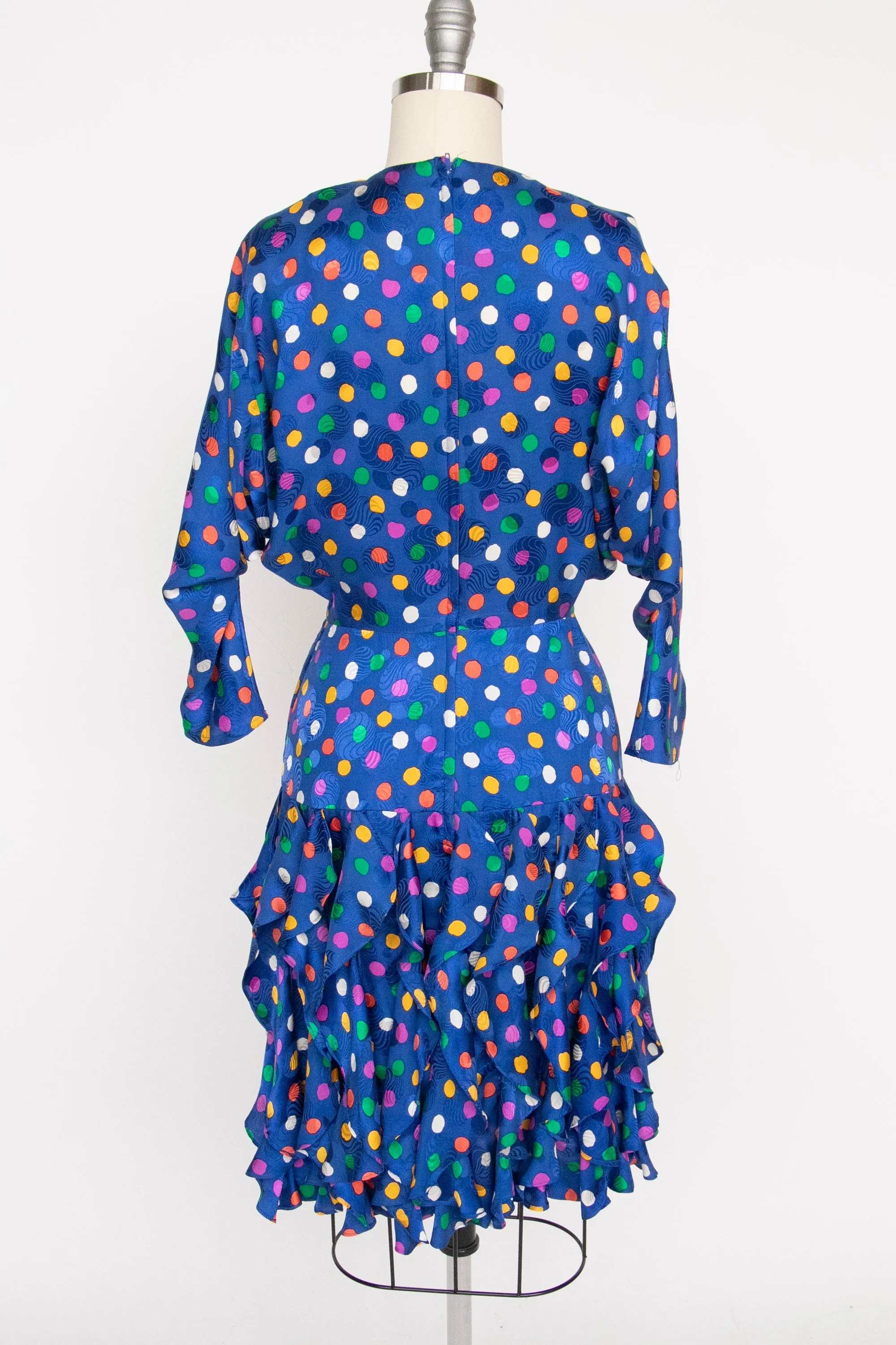 1980s Dress Silk Ruffle Polka Dot Print XS P