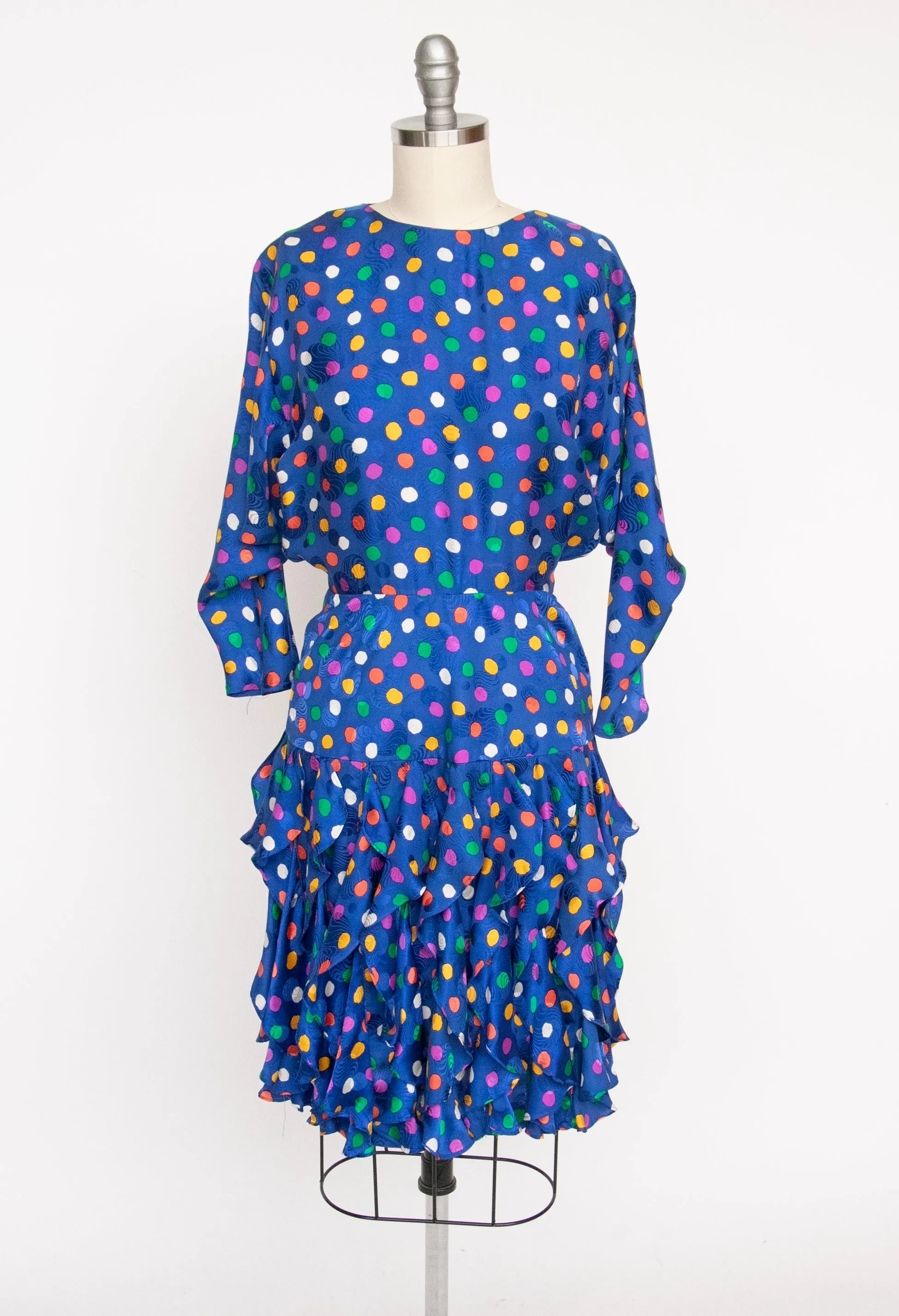 1980s Dress Silk Ruffle Polka Dot Print XS P
