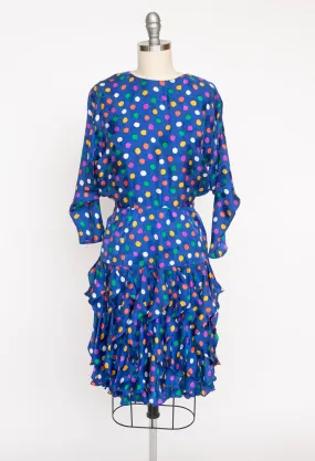 1980s Dress Silk Ruffle Polka Dot Print XS P