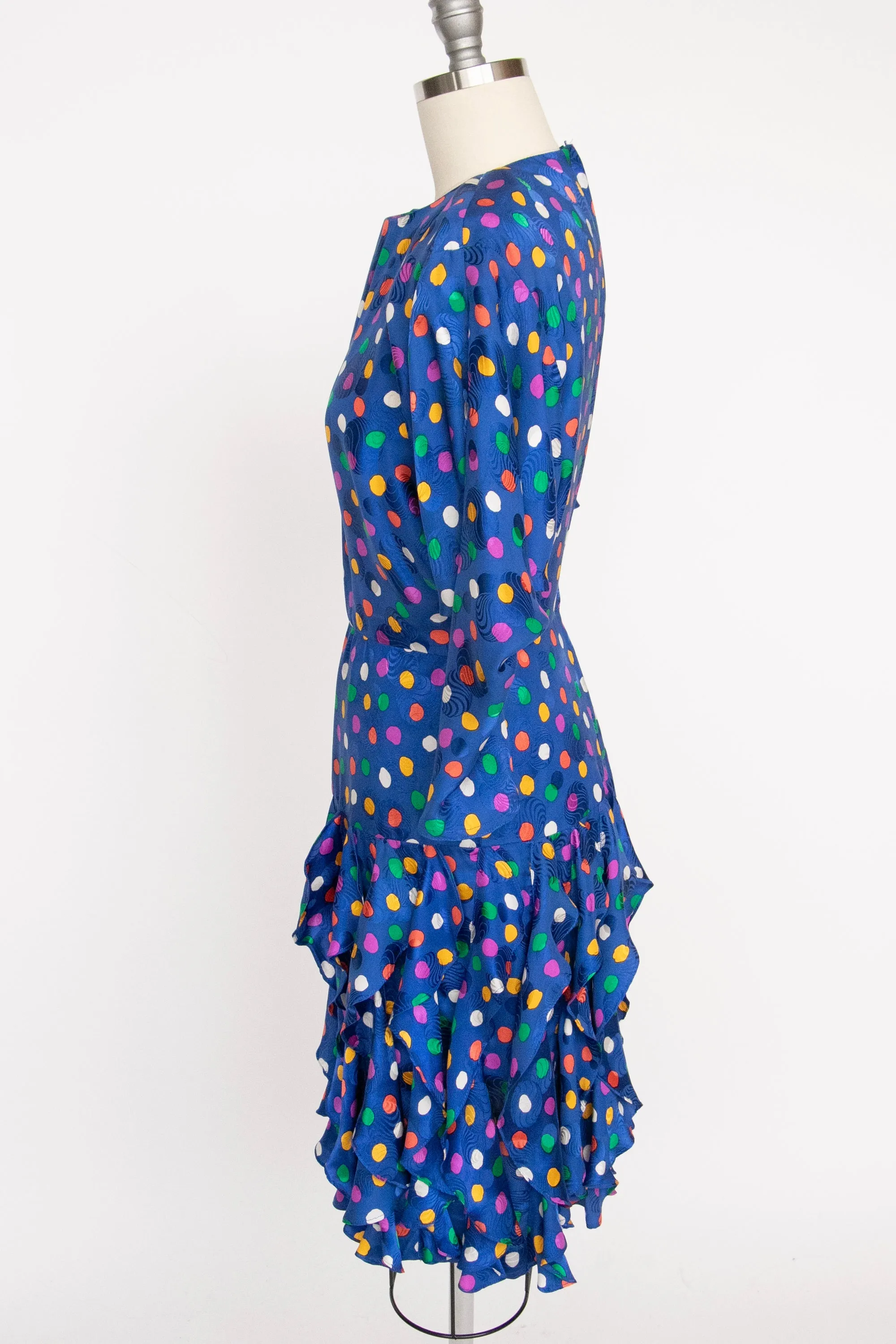 1980s Dress Silk Ruffle Polka Dot Print XS P