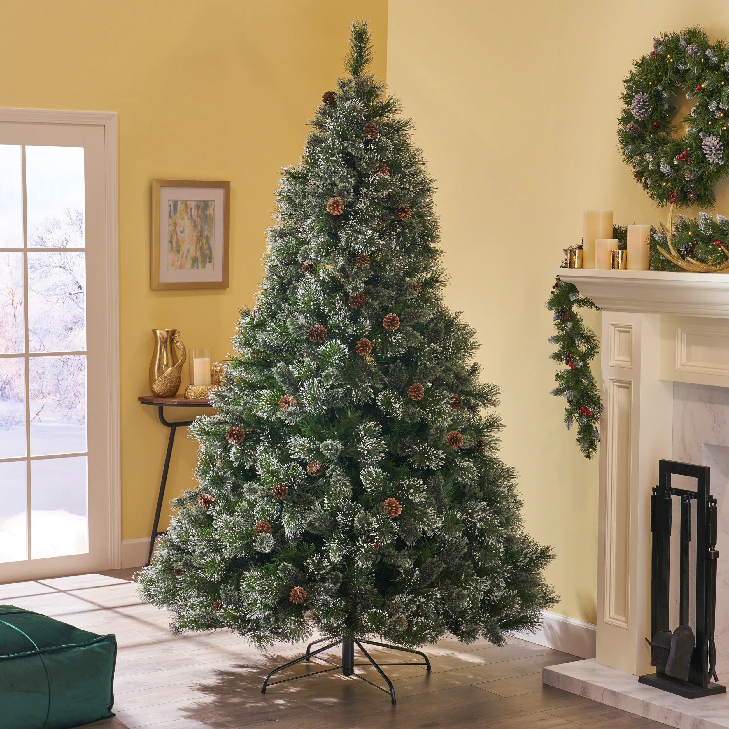 7.5-foot Cashmere Pine and Mixed Needles Hinged Artificial Christmas Tree with Snowy Branches and Pinecones - NH483703