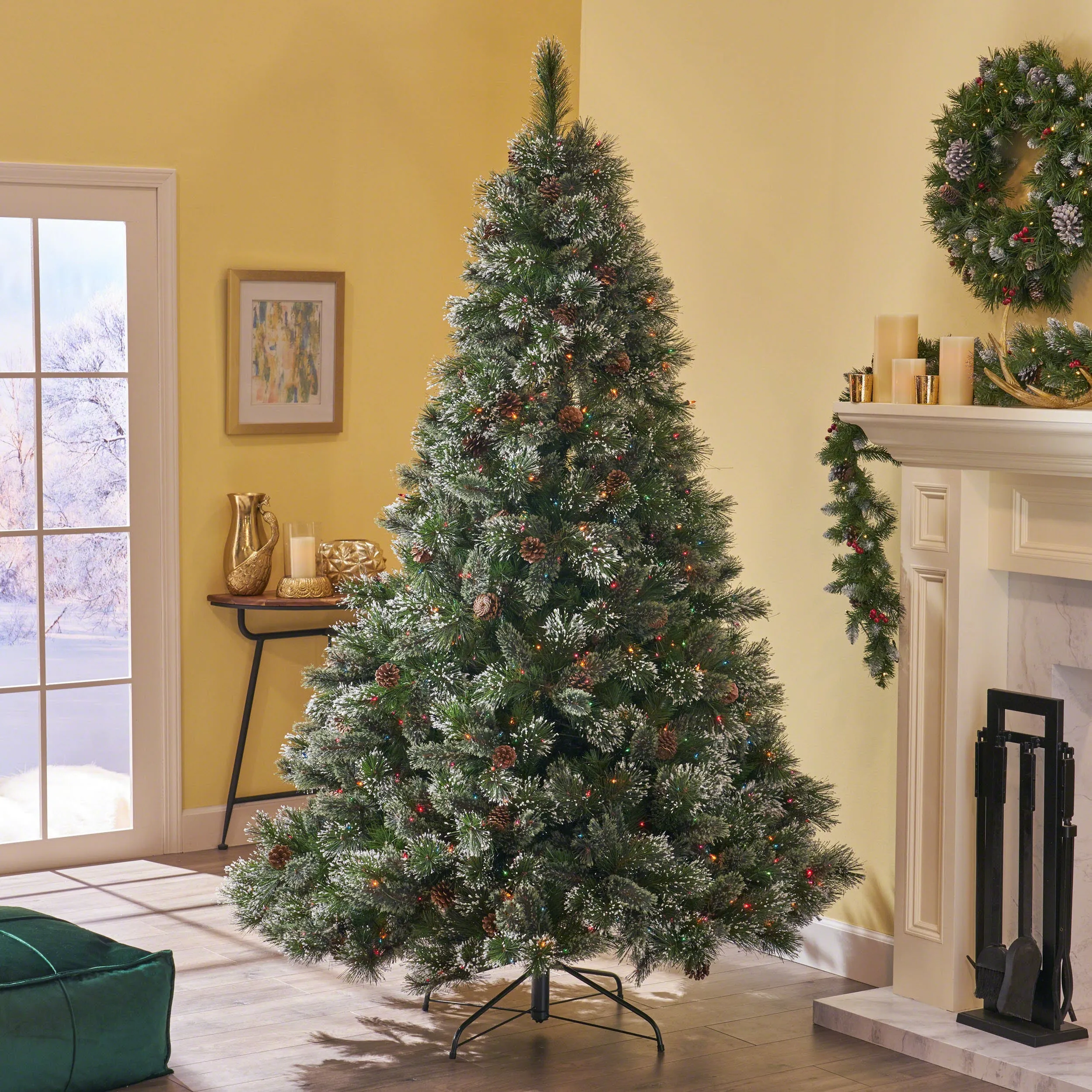 7.5-foot Cashmere Pine and Mixed Needles Hinged Artificial Christmas Tree with Snowy Branches and Pinecones - NH483703