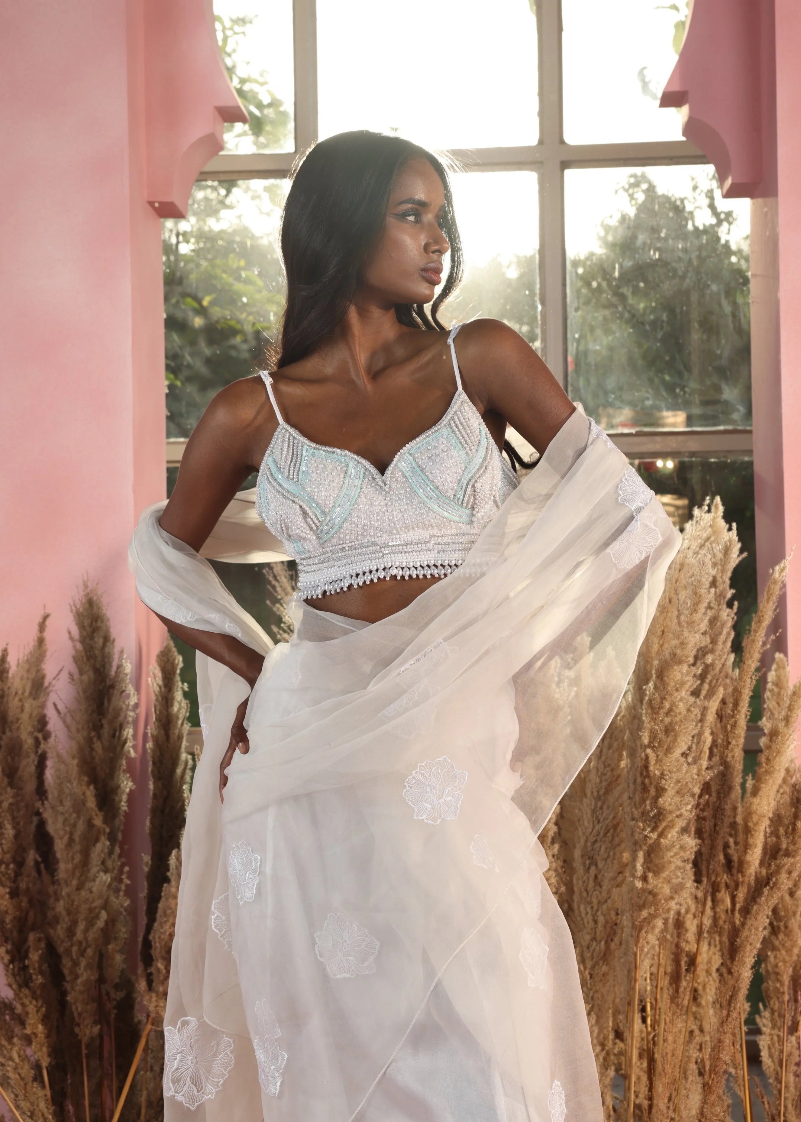 Aarna White Embroidered Organza Pre-Stitched Saree