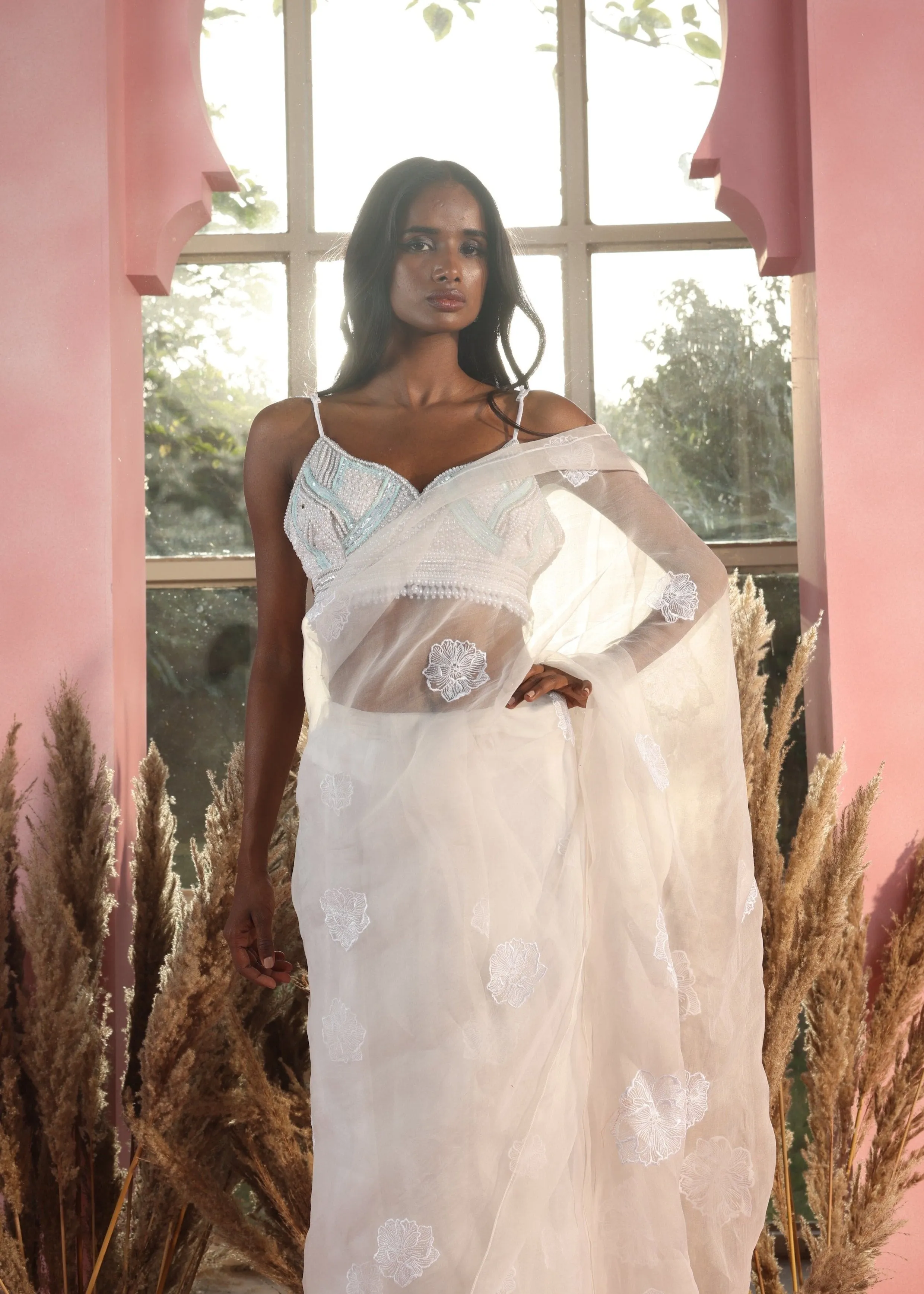 Aarna White Embroidered Organza Pre-Stitched Saree