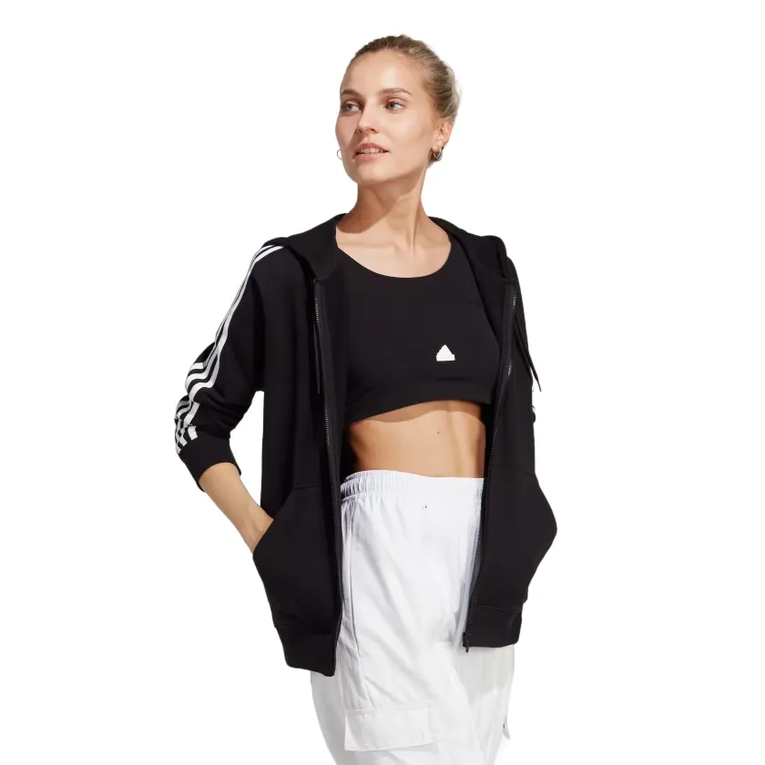 Adidas felpa da donna con cappuccio co 3 striscie cerniera intera in cotone leggero IC8769 nero