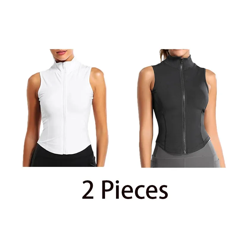 Aiithuug 2-pieces in Bundle High Neck Shirts Sports Top Athletic Zip Up Sweat Vest Jacket Sleeveless Running Yoga Tops Fitness