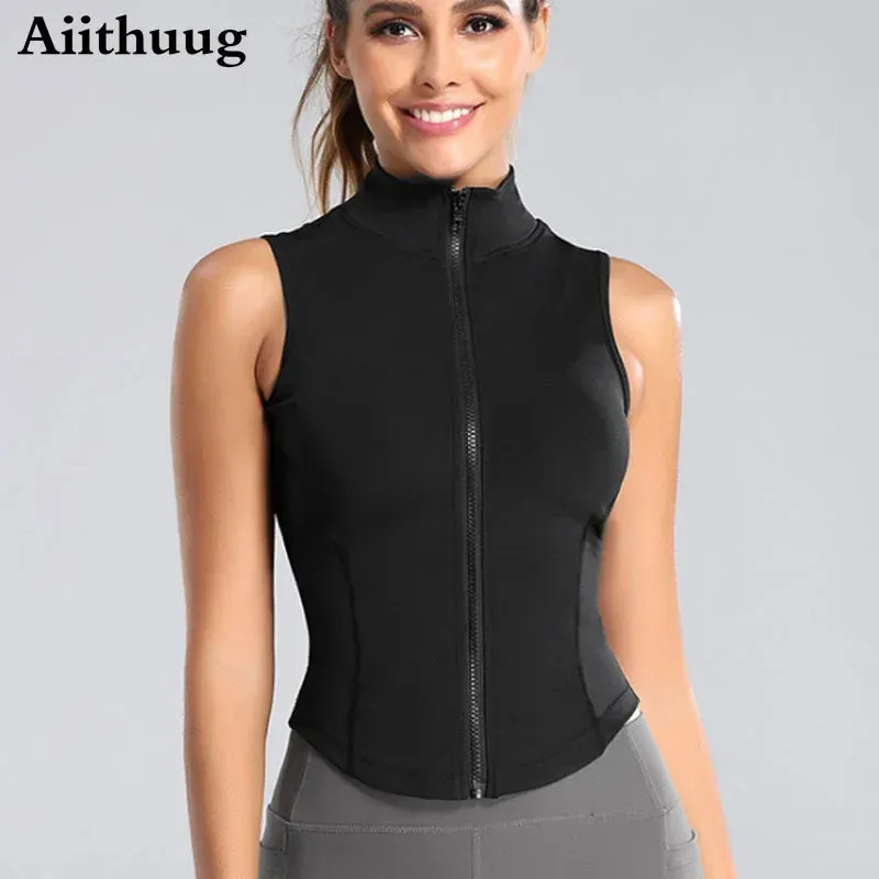 Aiithuug 2-pieces in Bundle High Neck Shirts Sports Top Athletic Zip Up Sweat Vest Jacket Sleeveless Running Yoga Tops Fitness