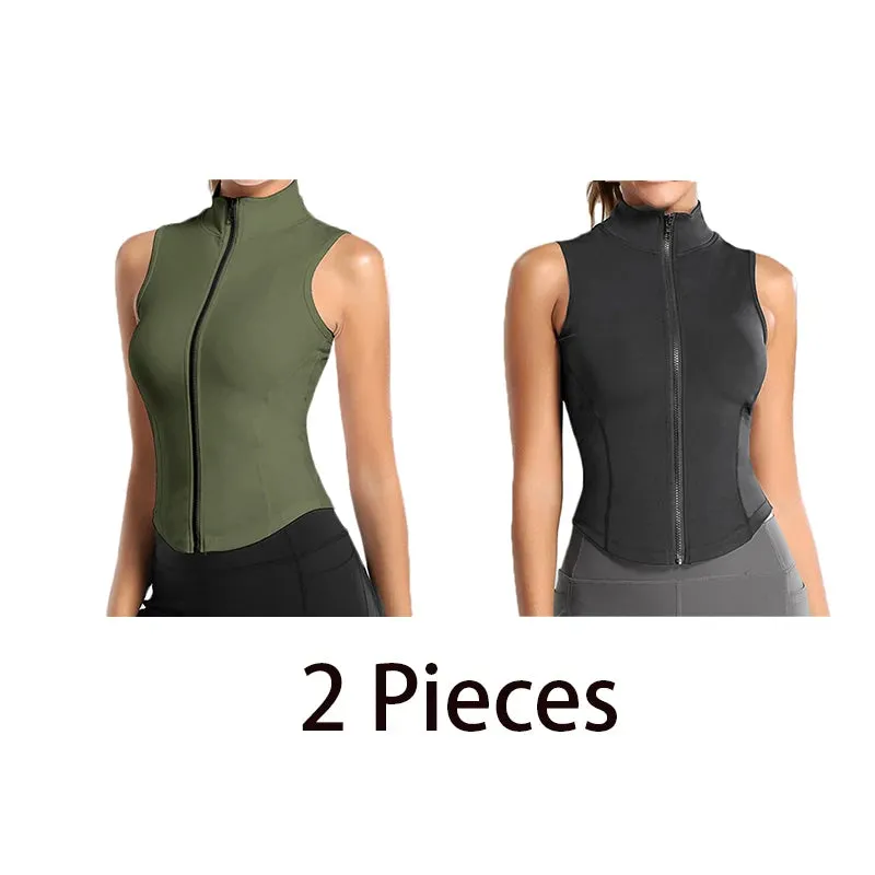 Aiithuug 2-pieces in Bundle High Neck Shirts Sports Top Athletic Zip Up Sweat Vest Jacket Sleeveless Running Yoga Tops Fitness