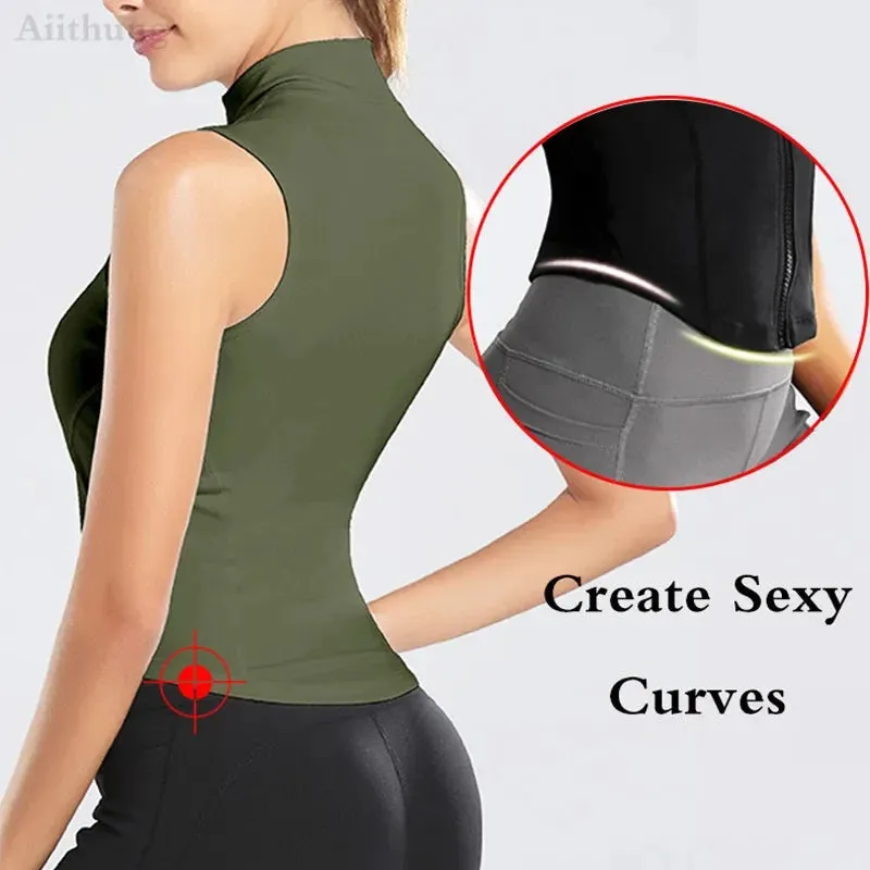 Aiithuug 2-pieces in Bundle High Neck Shirts Sports Top Athletic Zip Up Sweat Vest Jacket Sleeveless Running Yoga Tops Fitness