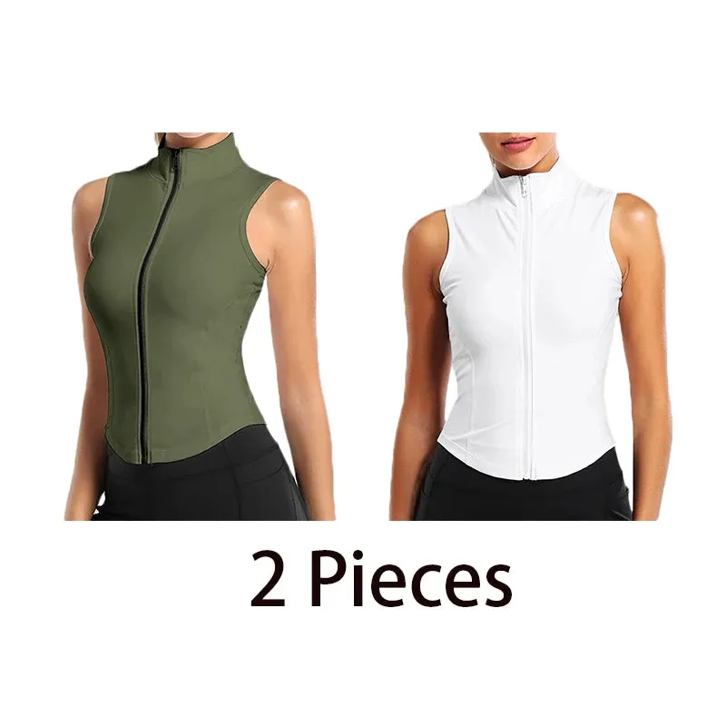 Aiithuug 2-pieces in Bundle High Neck Shirts Sports Top Athletic Zip Up Sweat Vest Jacket Sleeveless Running Yoga Tops Fitness