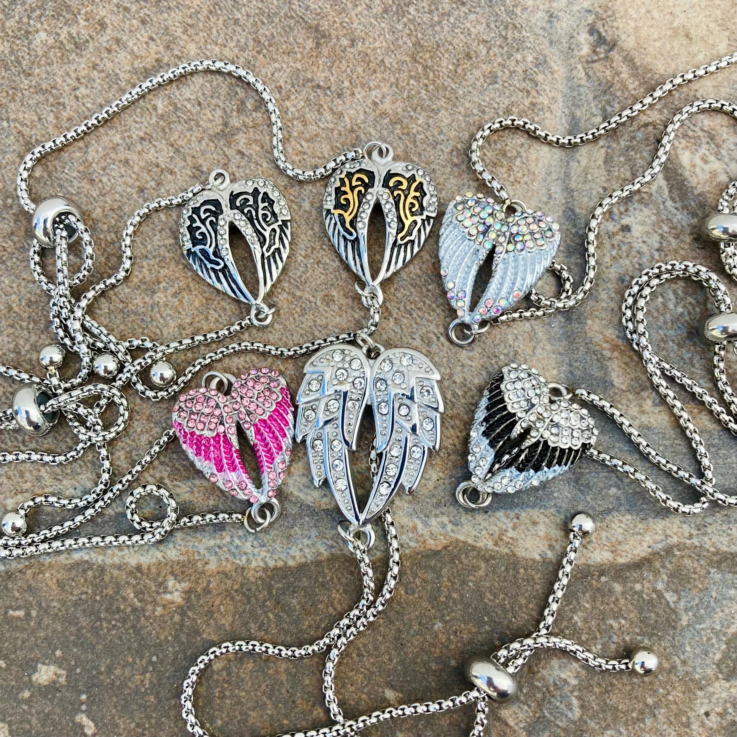 Angel Heart Wing Bracelets - Double Angel Wing - Silver w/White Stone - Bracelet - SK2608B