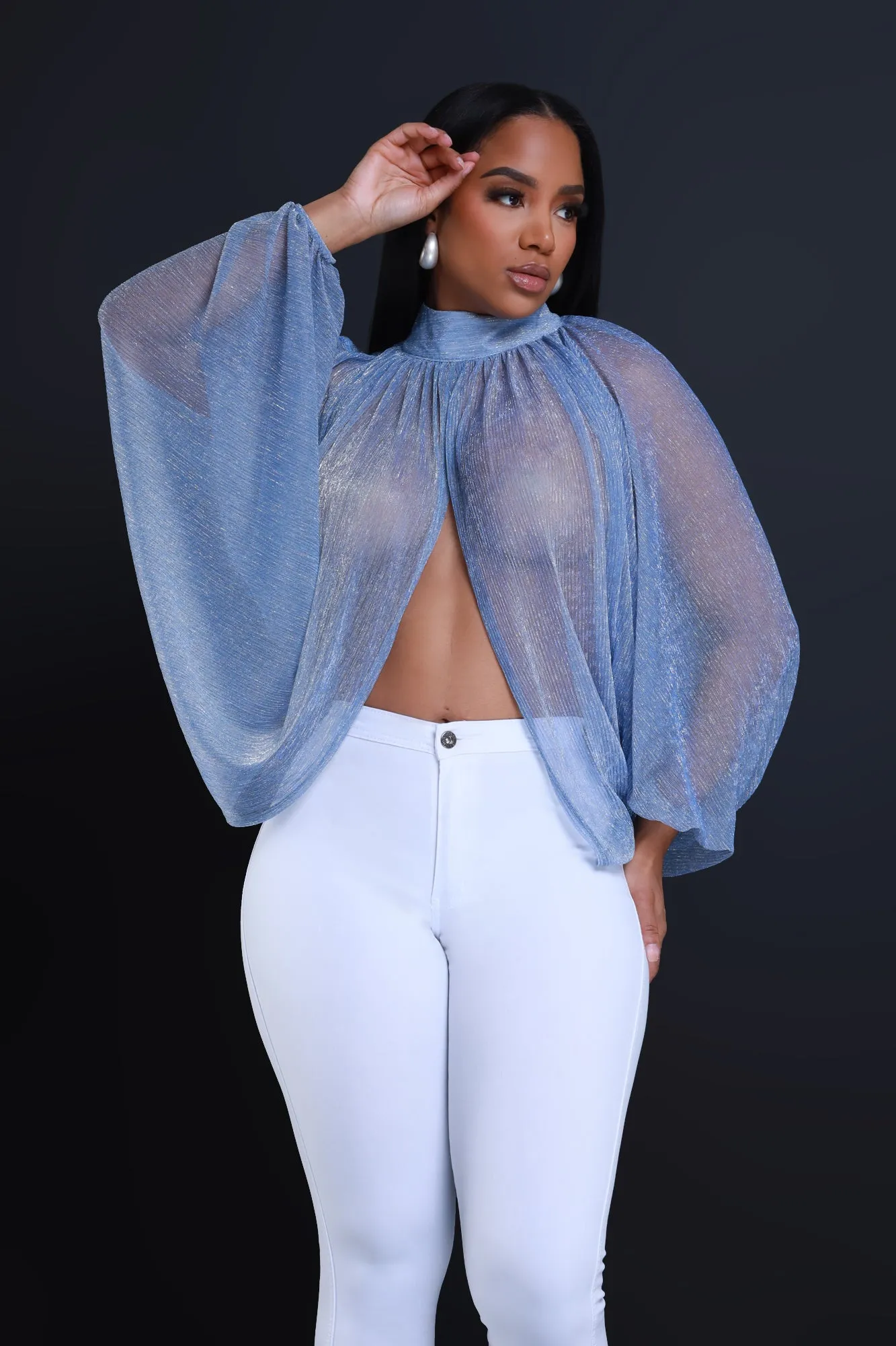 Backstage Pass Sheer Open Front Top - Blue