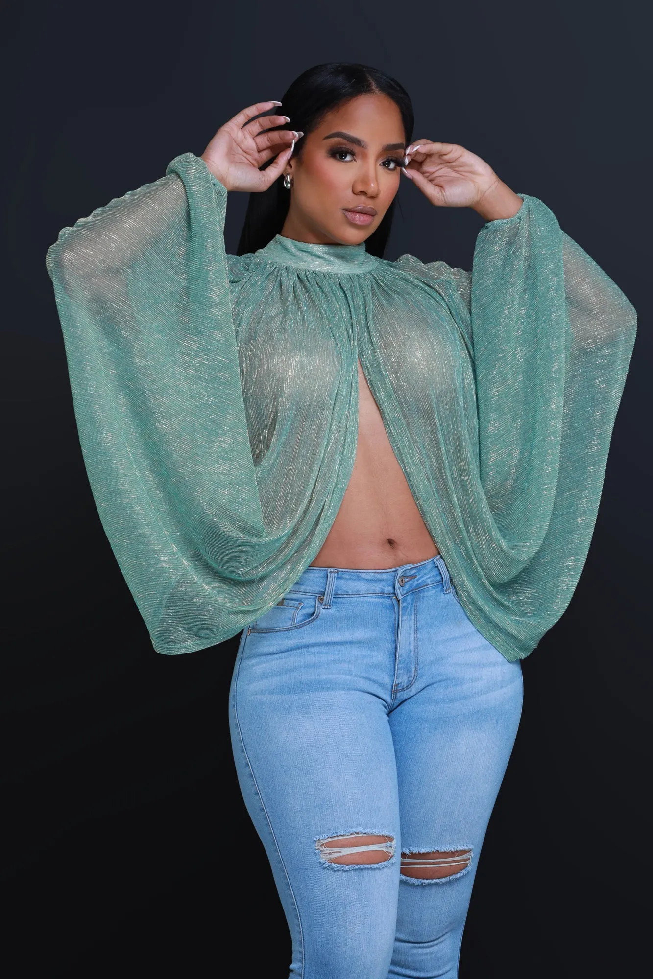 Backstage Pass Sheer Open Front Top - Emerald Green