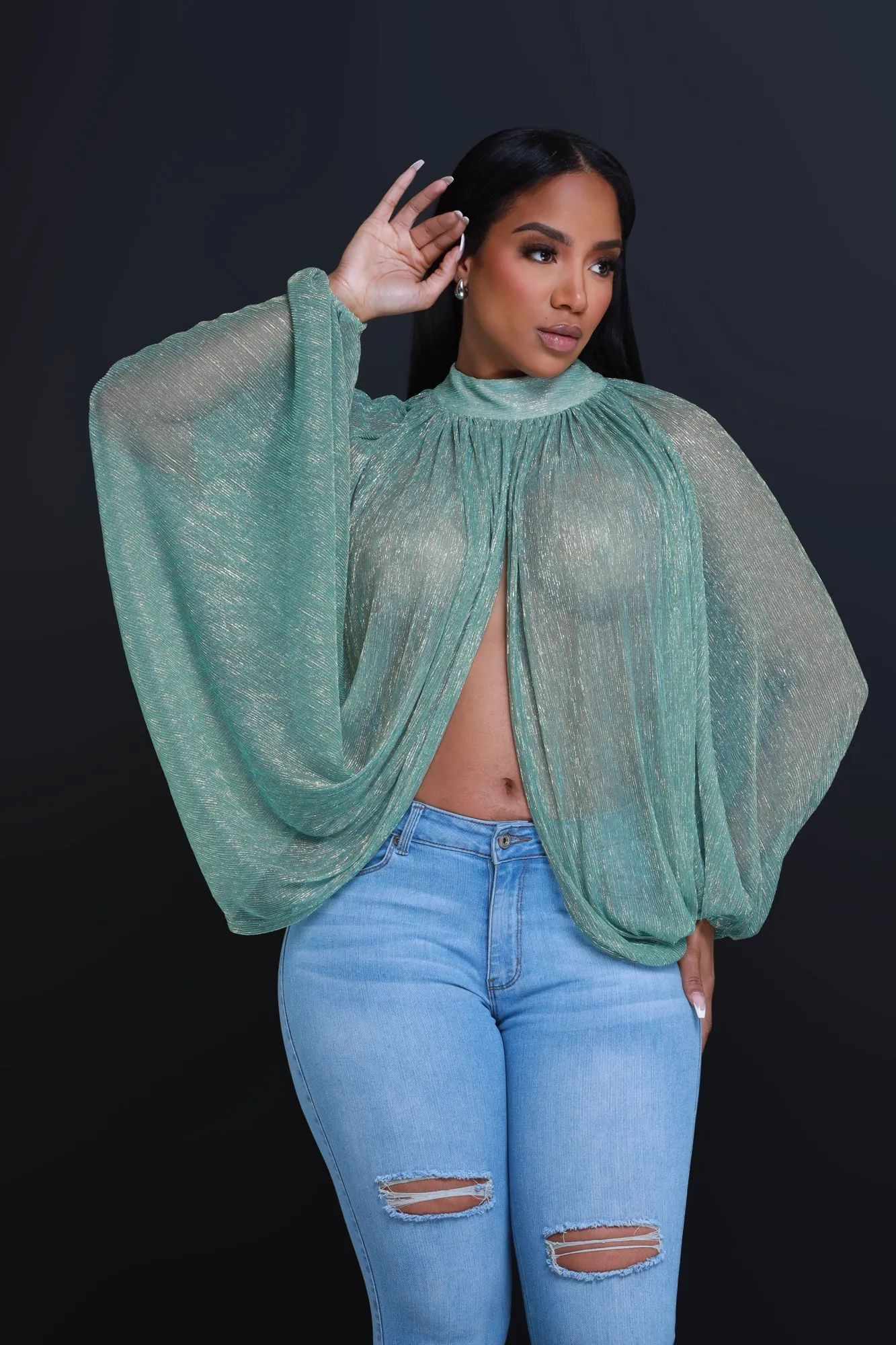 Backstage Pass Sheer Open Front Top - Emerald Green