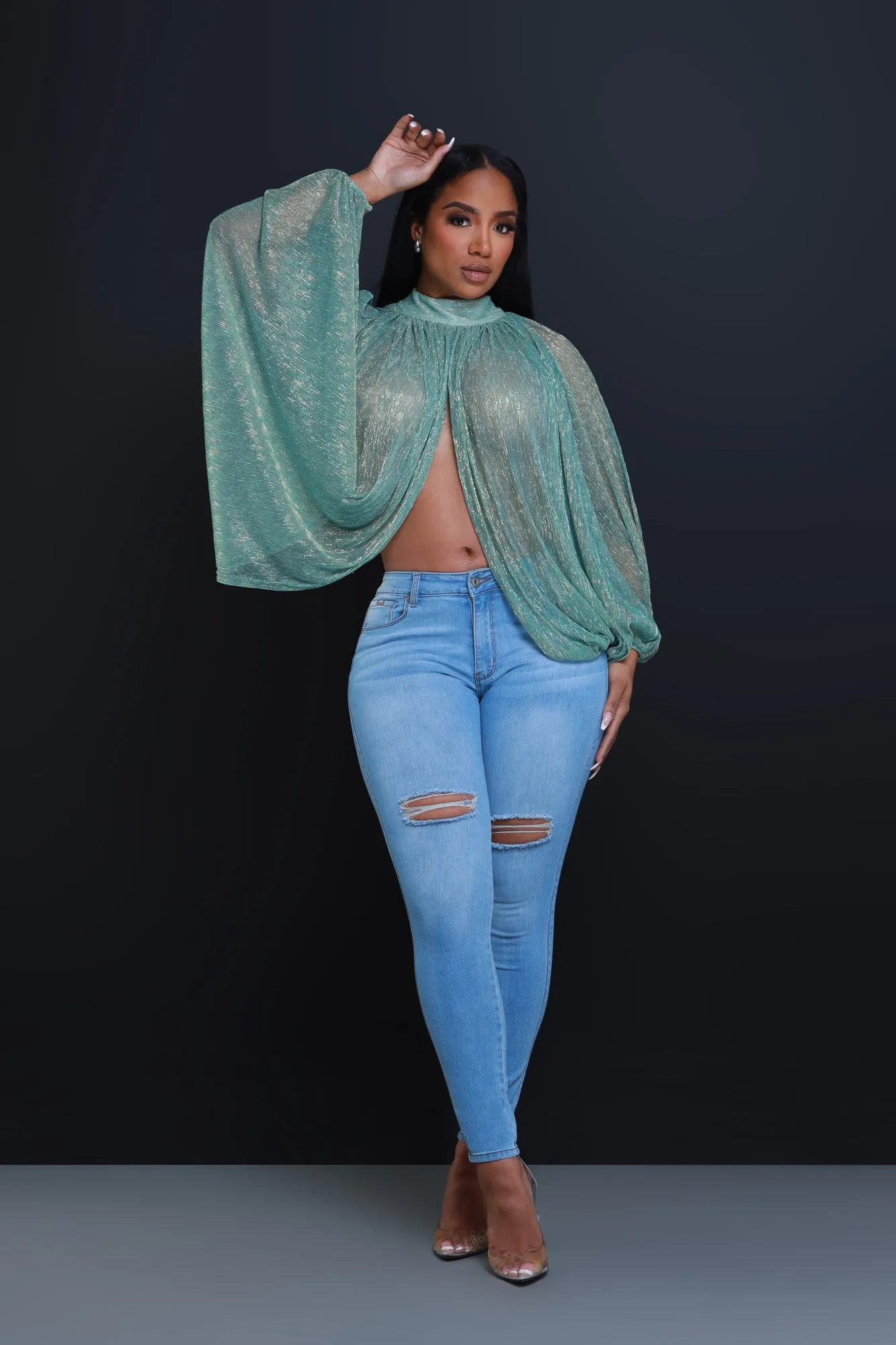 Backstage Pass Sheer Open Front Top - Emerald Green