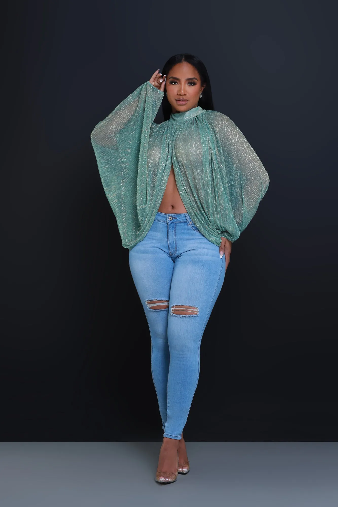 Backstage Pass Sheer Open Front Top - Emerald Green