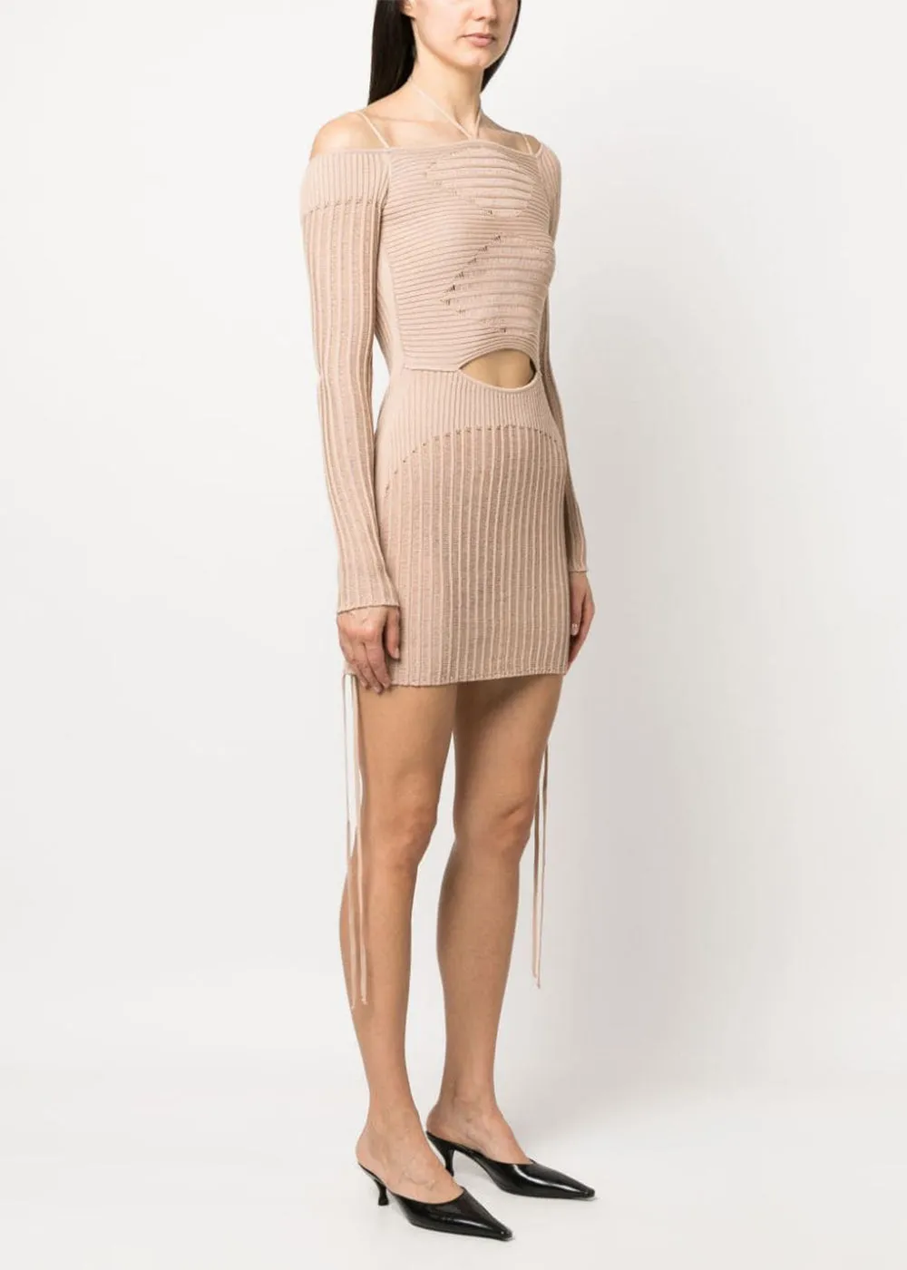 Beige Ribbed Knit Mini Dress