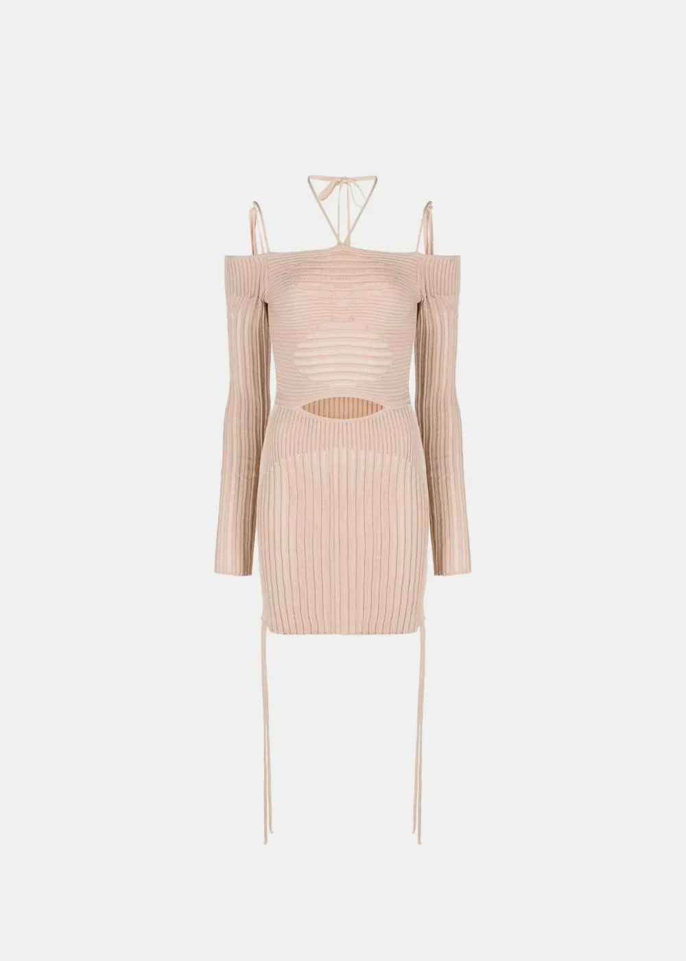 Beige Ribbed Knit Mini Dress