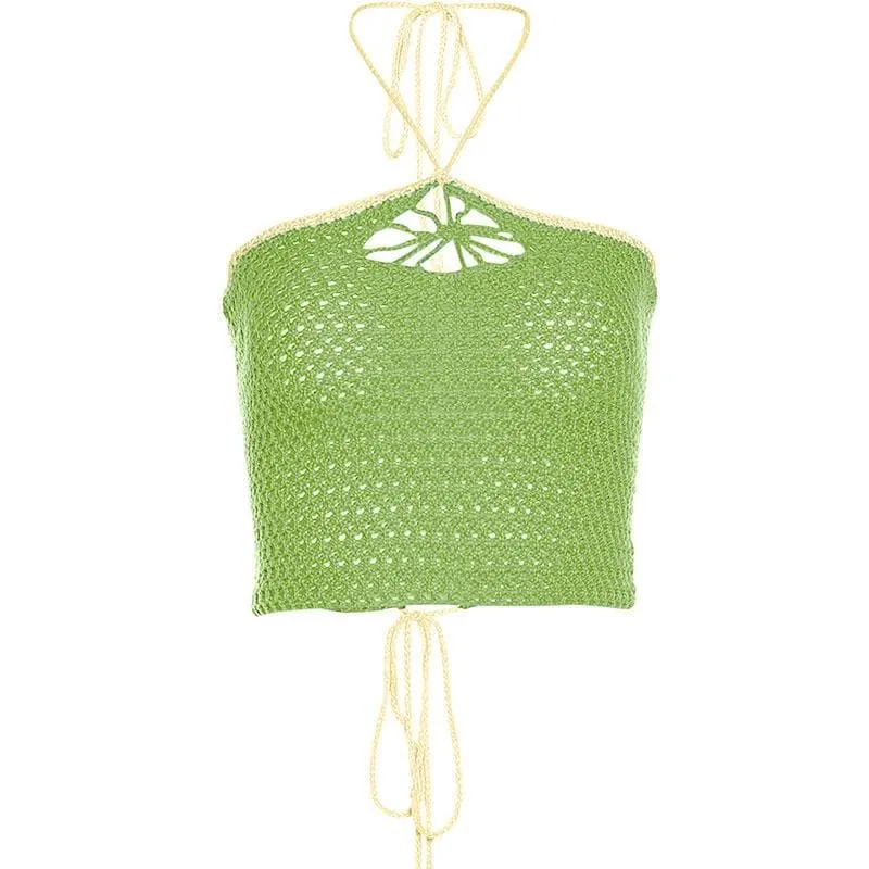 BerryBetty - Backless self tie halter crochet lace up contrast crop top