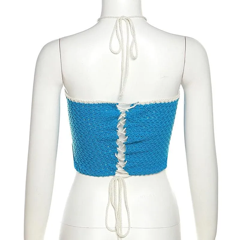 BerryBetty - Backless self tie halter crochet lace up contrast crop top