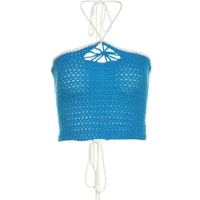 BerryBetty - Backless self tie halter crochet lace up contrast crop top
