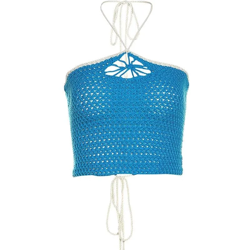 BerryBetty - Backless self tie halter crochet lace up contrast crop top