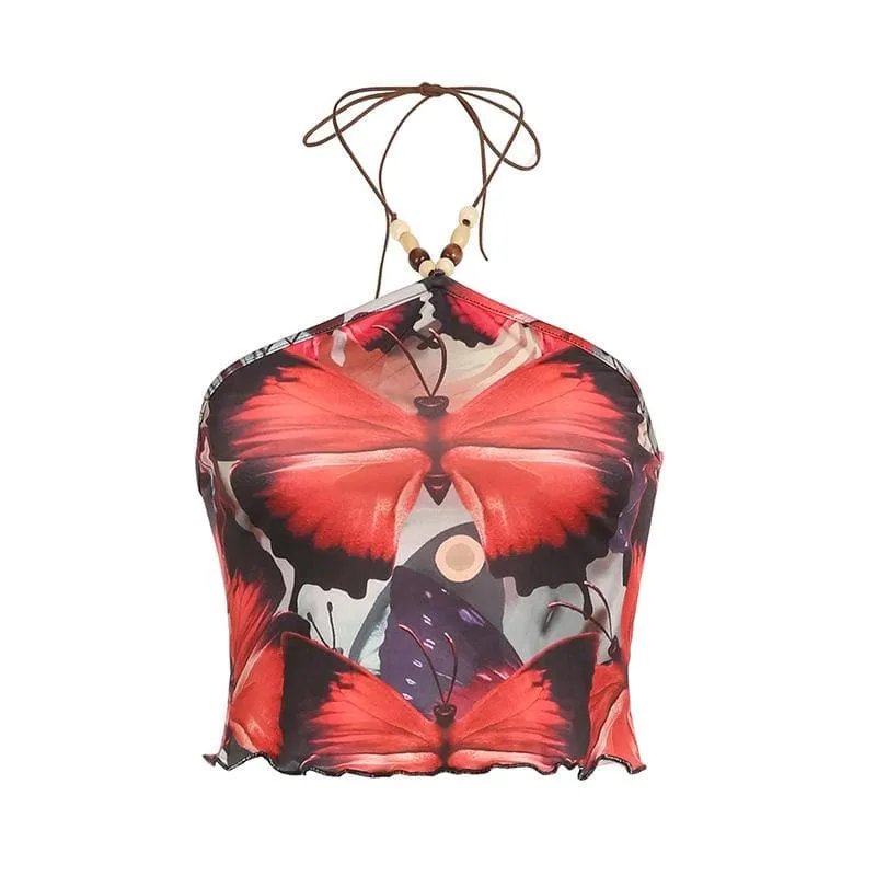 BerryBetty - Butterfly pattern beaded contrast ruffle halter crop top