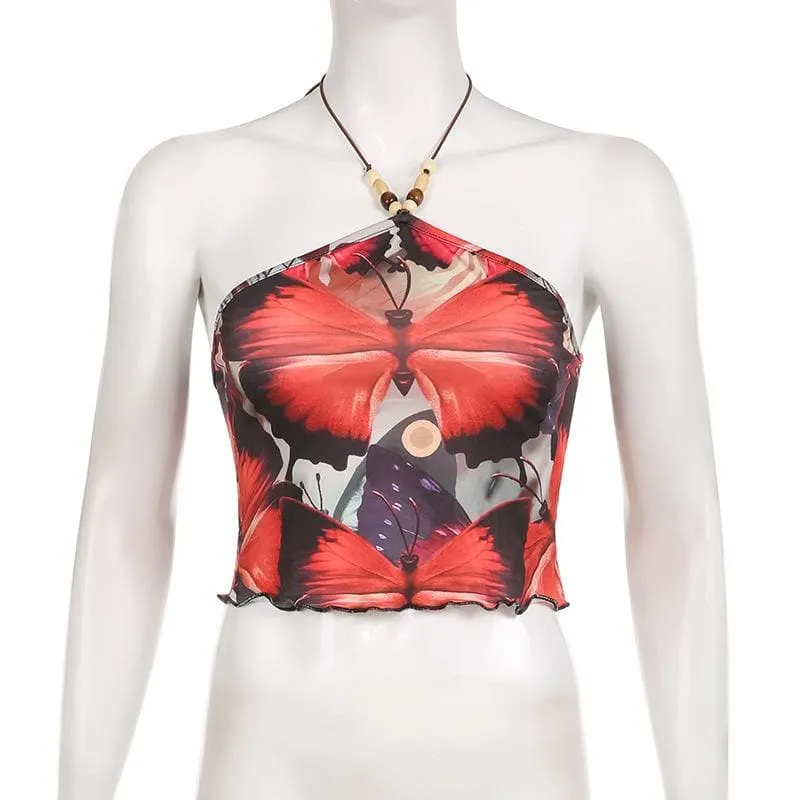 BerryBetty - Butterfly pattern beaded contrast ruffle halter crop top