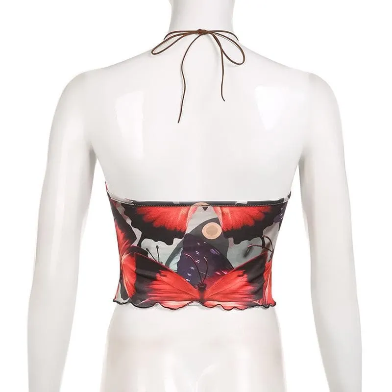 BerryBetty - Butterfly pattern beaded contrast ruffle halter crop top