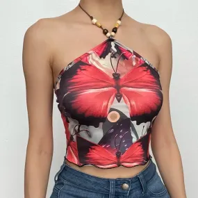 BerryBetty - Butterfly pattern beaded contrast ruffle halter crop top