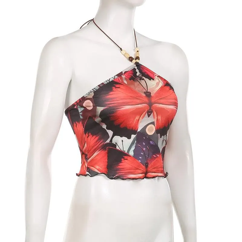 BerryBetty - Butterfly pattern beaded contrast ruffle halter crop top