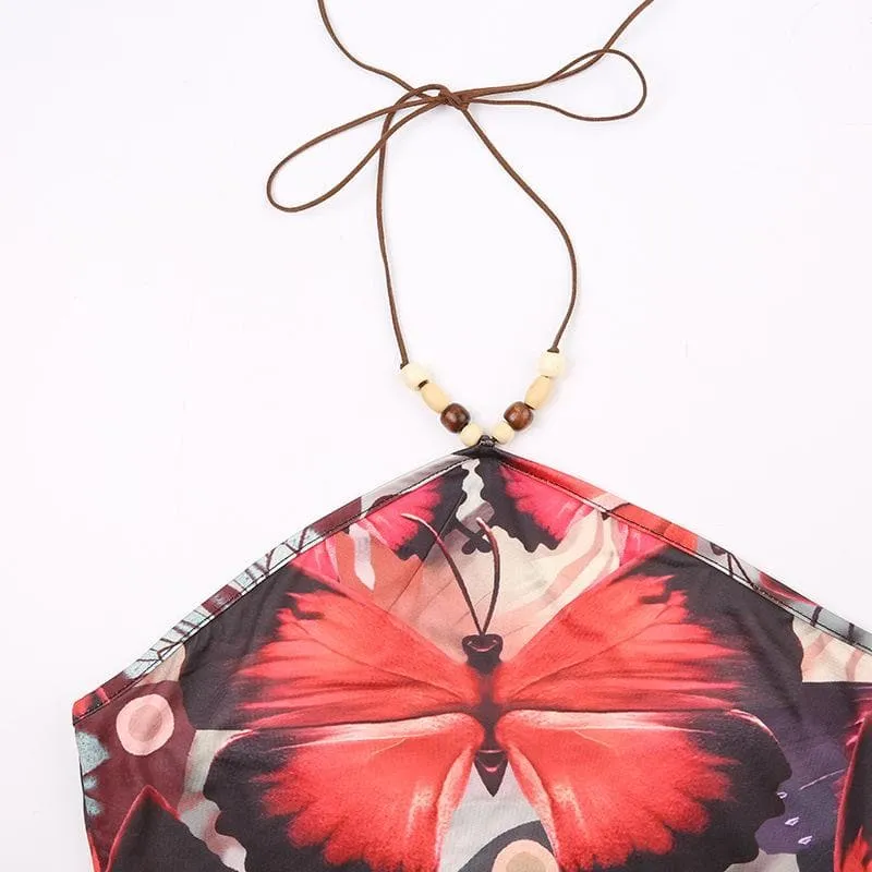 BerryBetty - Butterfly pattern beaded contrast ruffle halter crop top