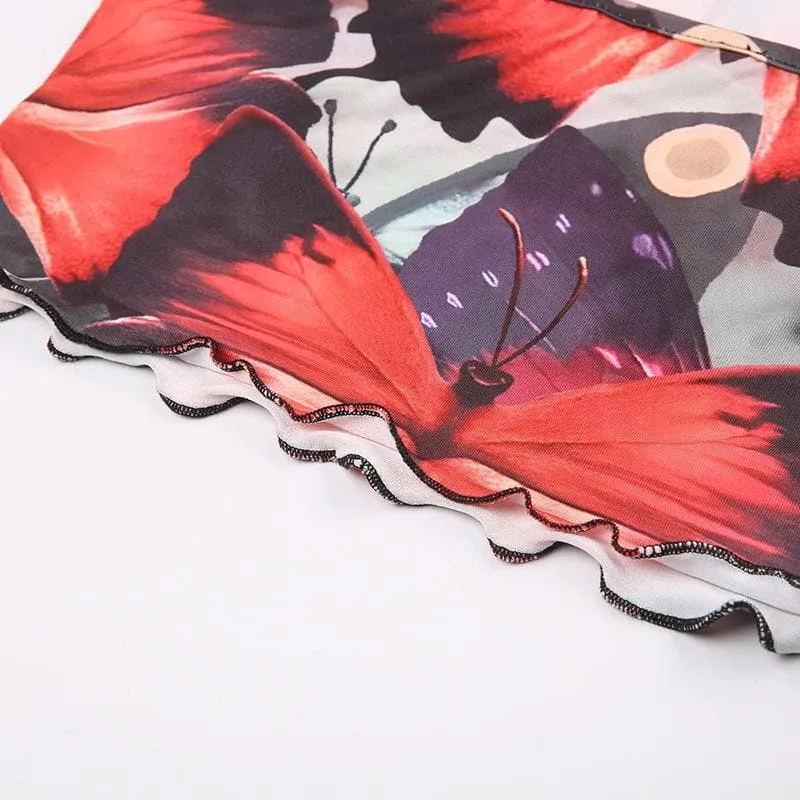 BerryBetty - Butterfly pattern beaded contrast ruffle halter crop top