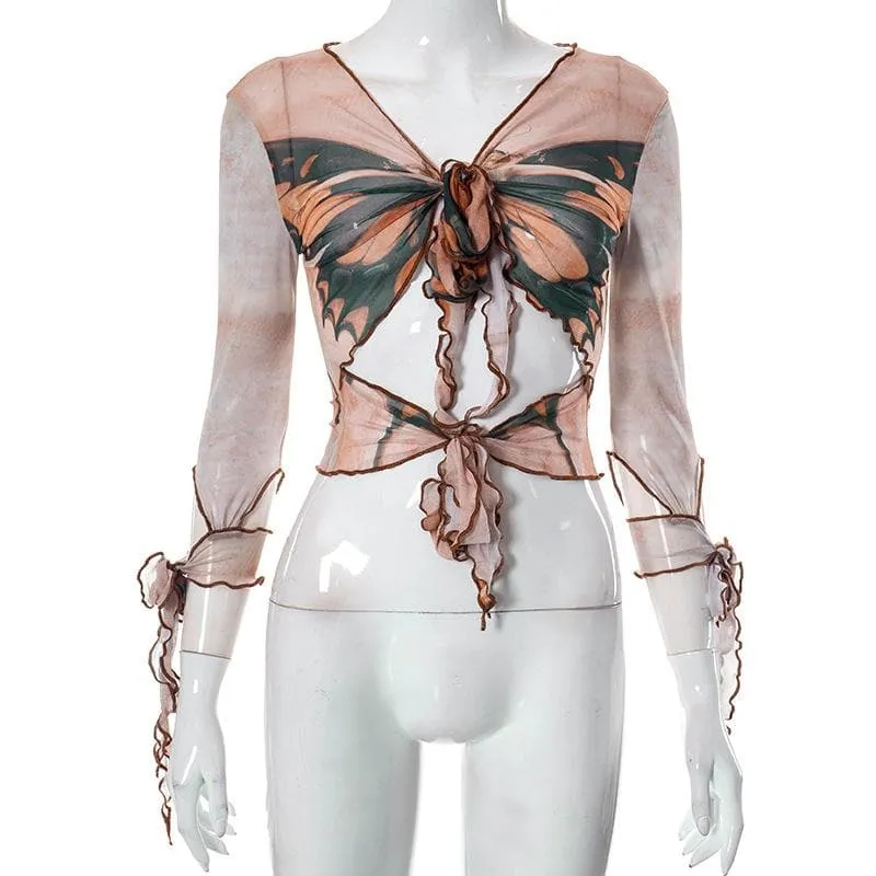 BerryBetty - Butterfly print sheer mesh see through long sleeve ruffle self tie crop top