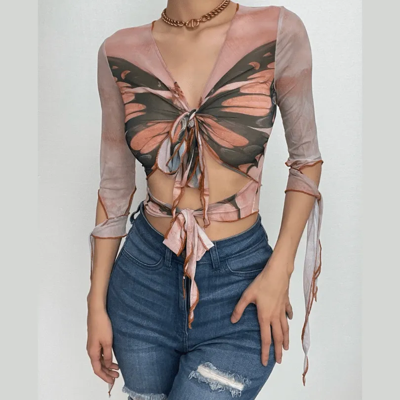 BerryBetty - Butterfly print sheer mesh see through long sleeve ruffle self tie crop top
