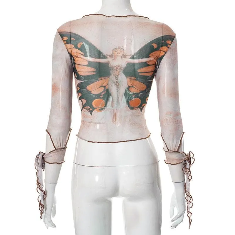 BerryBetty - Butterfly print sheer mesh see through long sleeve ruffle self tie crop top