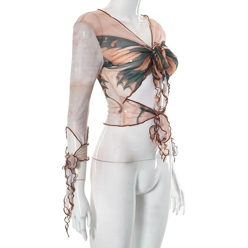 BerryBetty - Butterfly print sheer mesh see through long sleeve ruffle self tie crop top