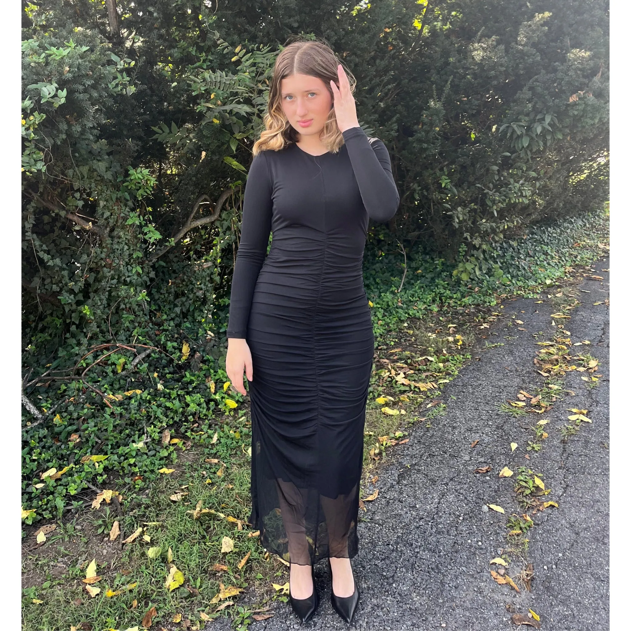 Black Ruched Center Mesh Maxi Dress