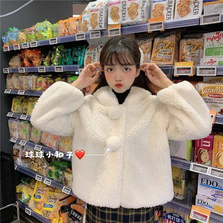 Bowknot Hooded Woolen Short Coat(with pom)