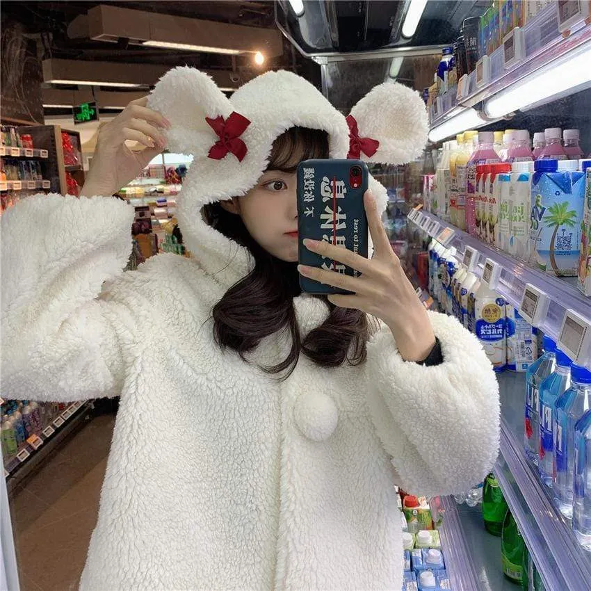 Bowknot Hooded Woolen Short Coat(with pom)