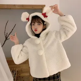 Bowknot Hooded Woolen Short Coat(with pom)