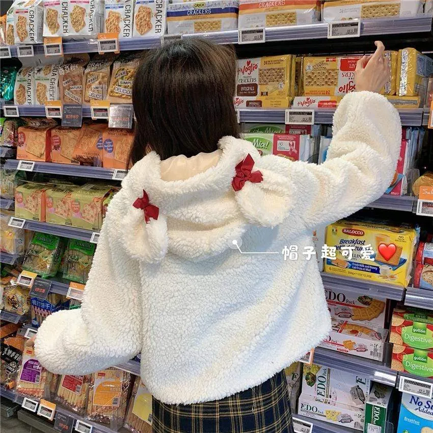 Bowknot Hooded Woolen Short Coat(with pom)