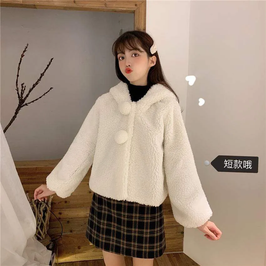 Bowknot Hooded Woolen Short Coat(with pom)