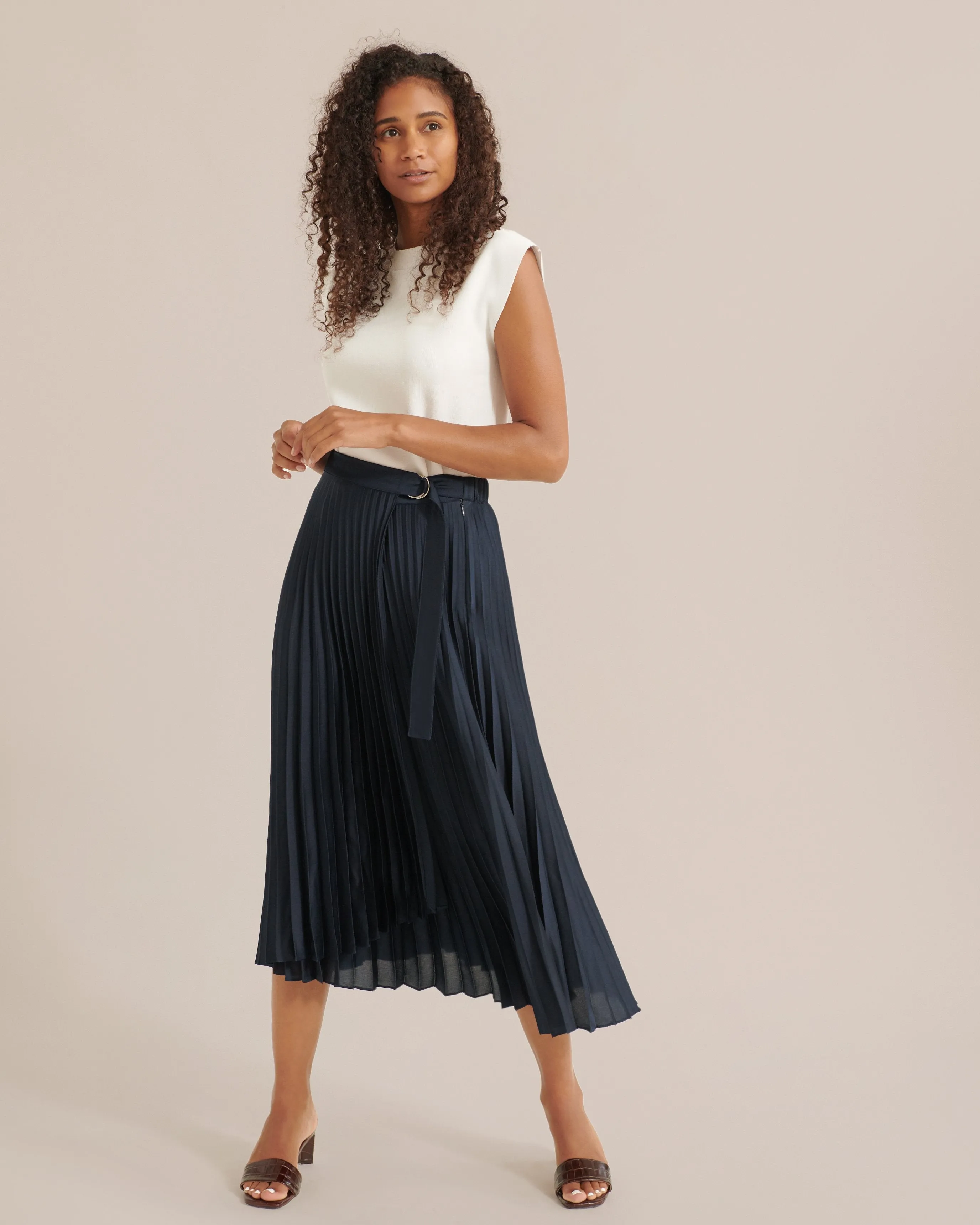 CeCe Asymmetric Pleated Midi Skirt