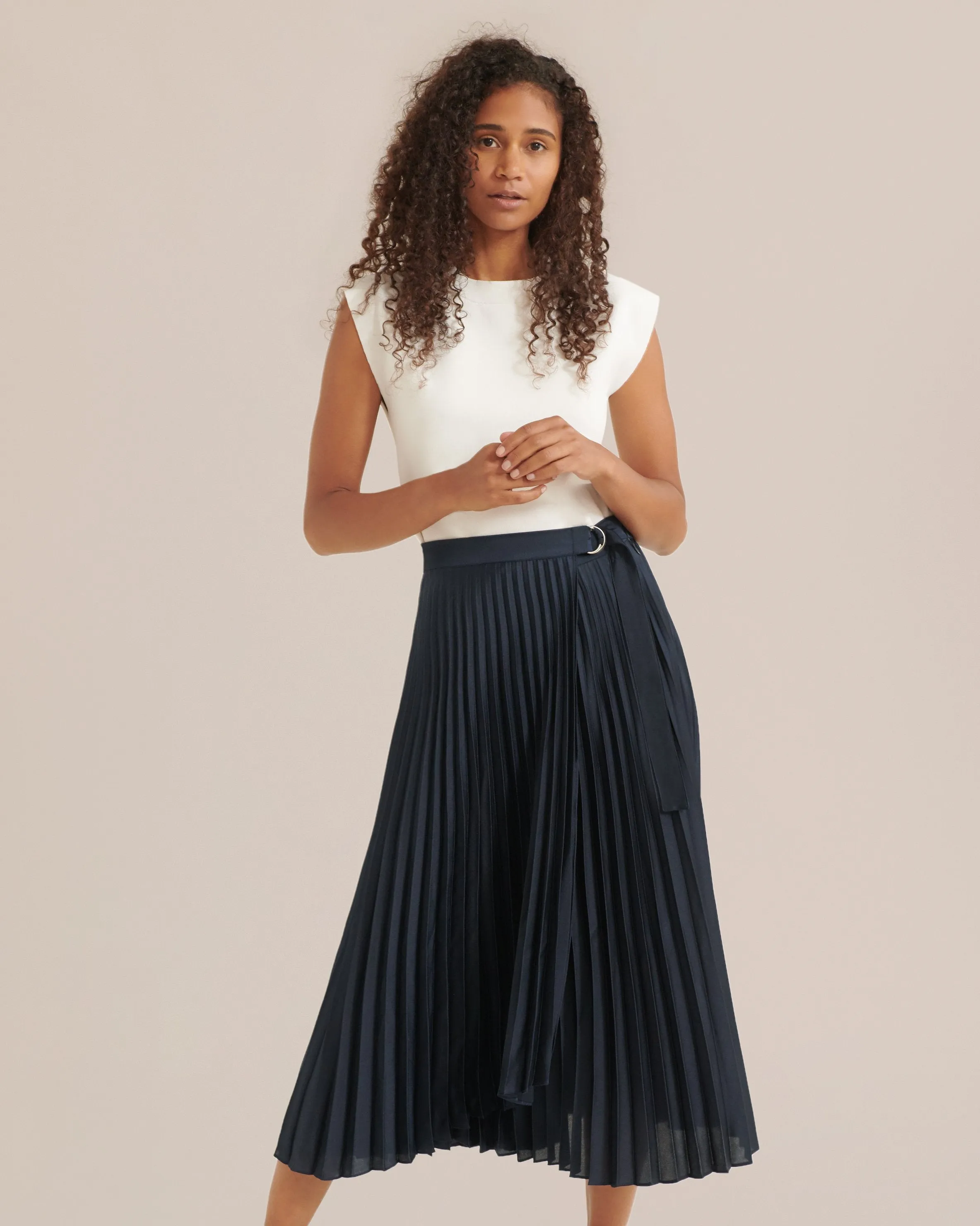 CeCe Asymmetric Pleated Midi Skirt