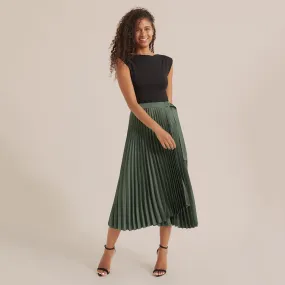 CeCe Asymmetric Pleated Midi Skirt
